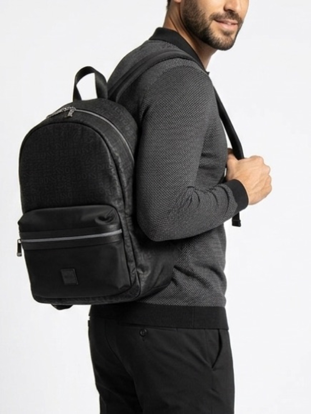 HUGO BOSS | BLACK NYLON BOSS LOGO PATTERN BACKPACK BAG